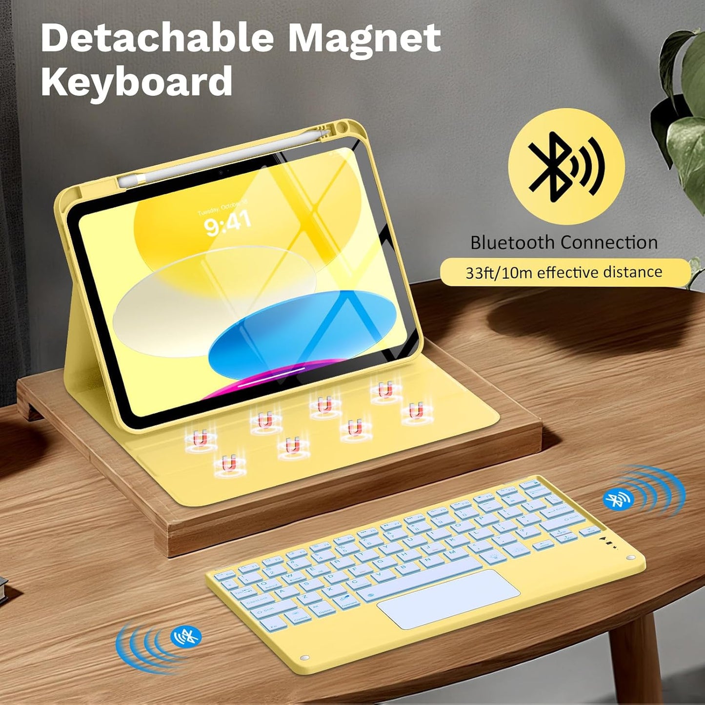 MoKo Touch Keyboard Case for iPad (A16) 11th Generation 11 inch 2025, iPad 10th Generation 10.9 inch Case with Pencil Holder, 7 Colors Backlit Multi-TrackPad Detachable Bluetooth Keyboard,Light Yellow