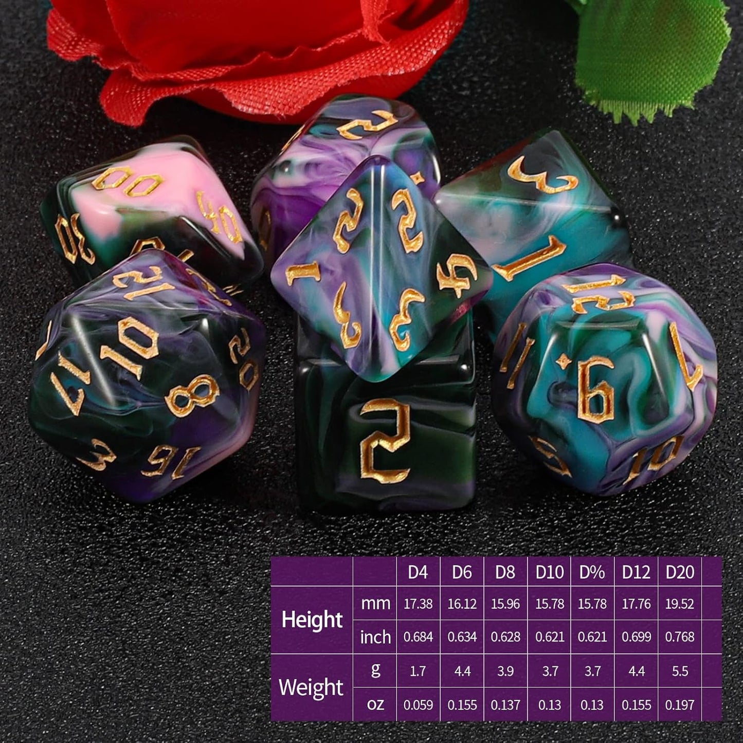 QMAY DND Dice Set -D&D Polyhedral Dice (7 Pcs) for Dungeons and Dragons (Purple Green Four Colors)