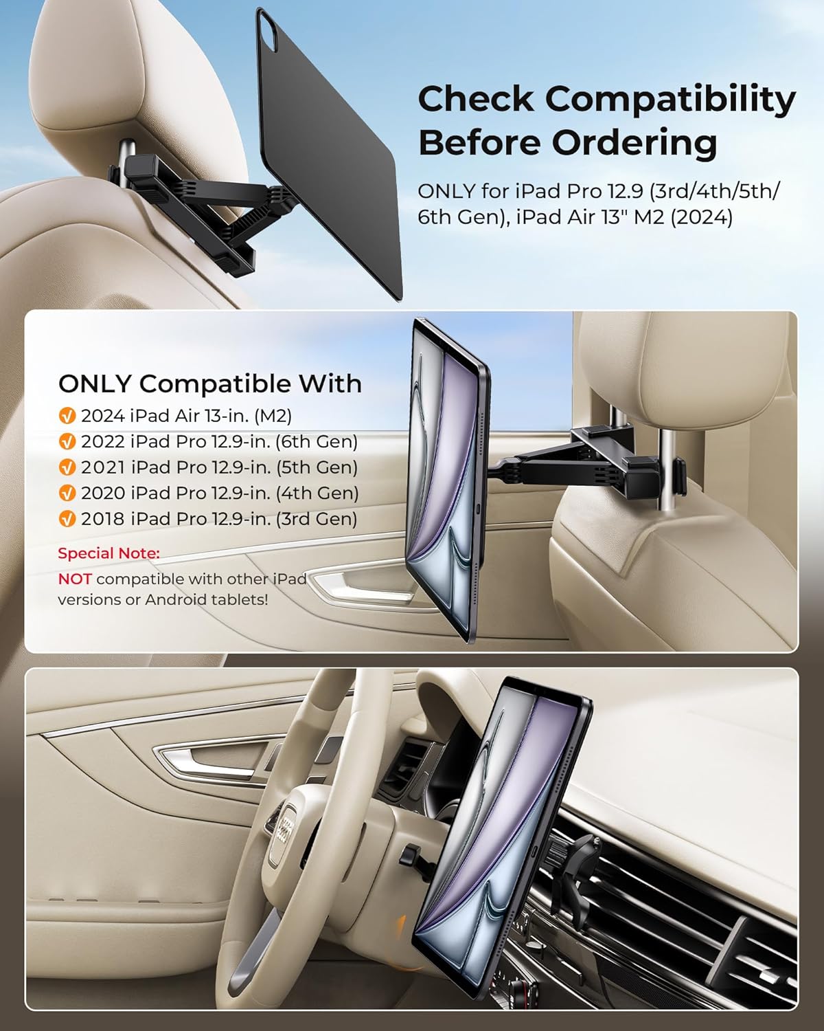 KU XIU Magnetic iPad Holder for Car Headrest,Backseat Tablet Car Mount for for iPad Pro 12.9, iPad Air 13 M2/M3, Road Trip Essentials for Kids, Tablet Car Holder for iPad Pro 12.9 3rd/4th/5th/6th