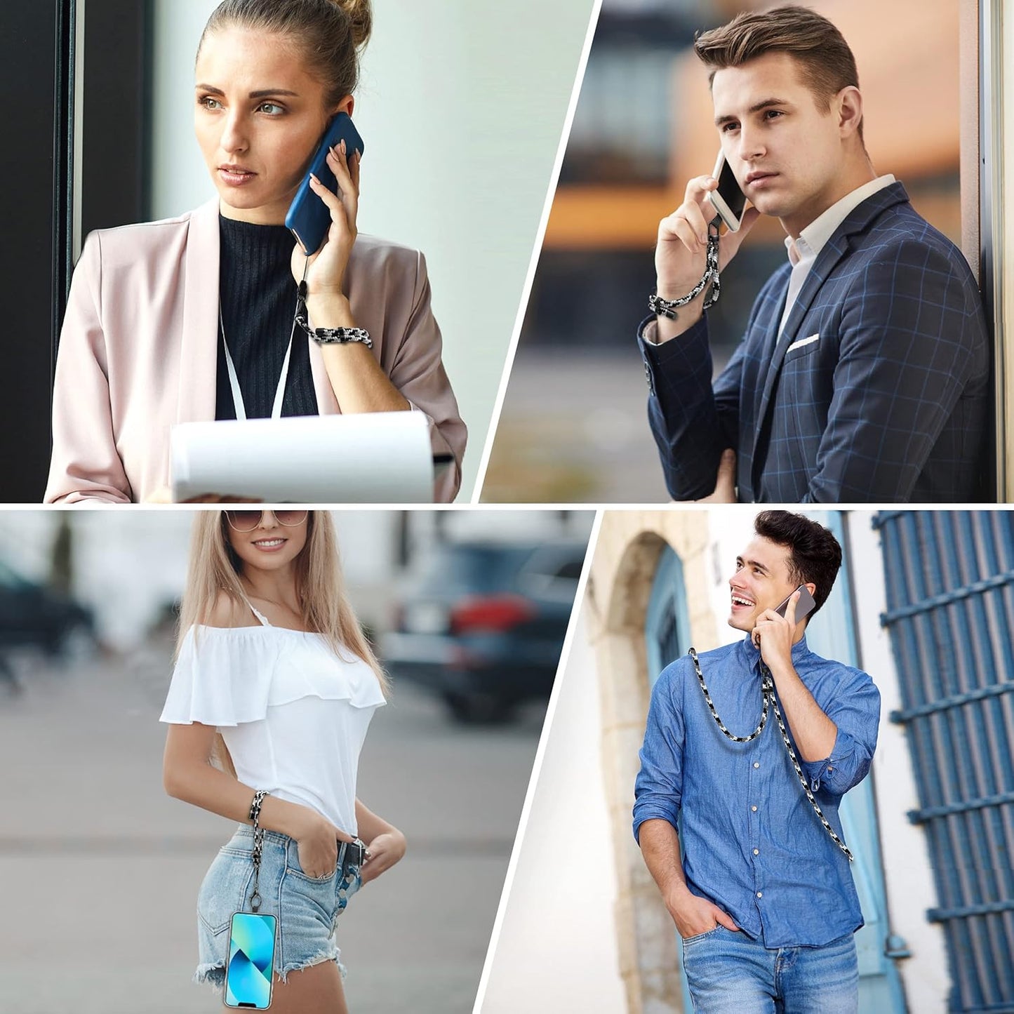 Universal Phone Lanyard with Wrist Strap, Adjustable Crossbody Cell Phone Lanyard Neck Strap and Wristlet Strap with 2 Lobster Clips, Phone Tether Patches and Phone Straps (Black/White/Gray, 2 Pack)