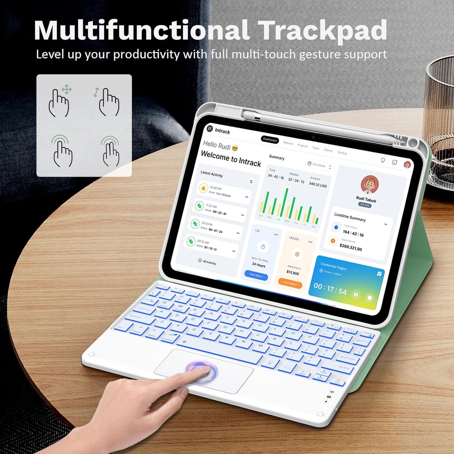 MoKo Touch Keyboard Case for iPad (A16) 11th Generation 11 inch 2025, iPad 10th Generation 10.9 inch Case with Pencil Holder, 7 Colors Backlit Multi-TrackPad Detachable Bluetooth Keyboard, Green