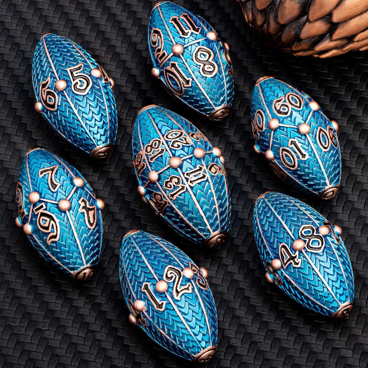 ARUOHHA DND Metal Dice Copper Blue Dragon Egg Dice with Rotating Dragon Egg Shell, Role Playing Game RPG Polyhedral D and D Dice Set D20 D12 D10 D8 D6 D4