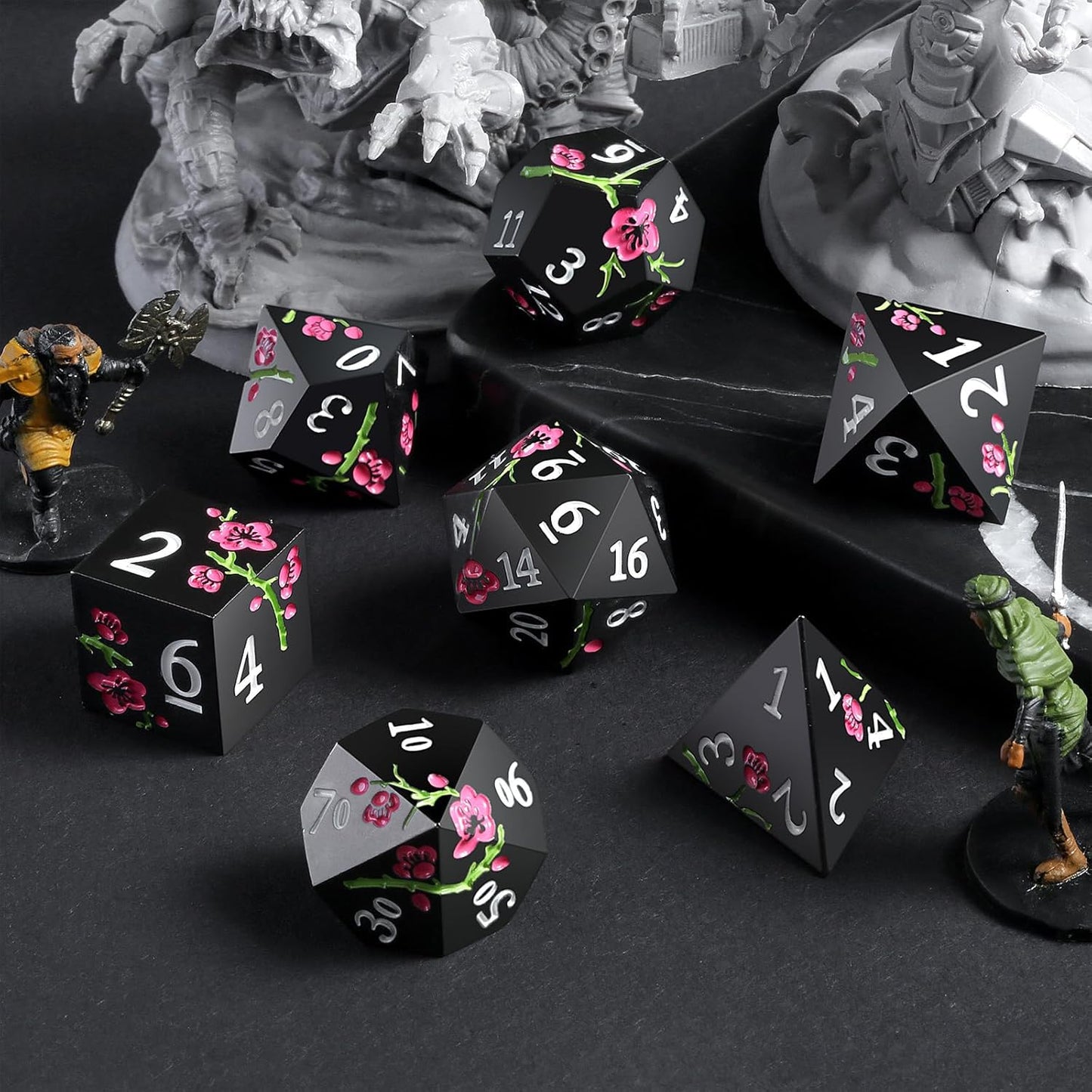 Metal Dice Set D&D, DNDND 7 PCS Flower Metallic DND Dice Set with Grogeous Gift Case for Dungeons and Dragon Tabletop Game (Matte Black with Pink Flower)