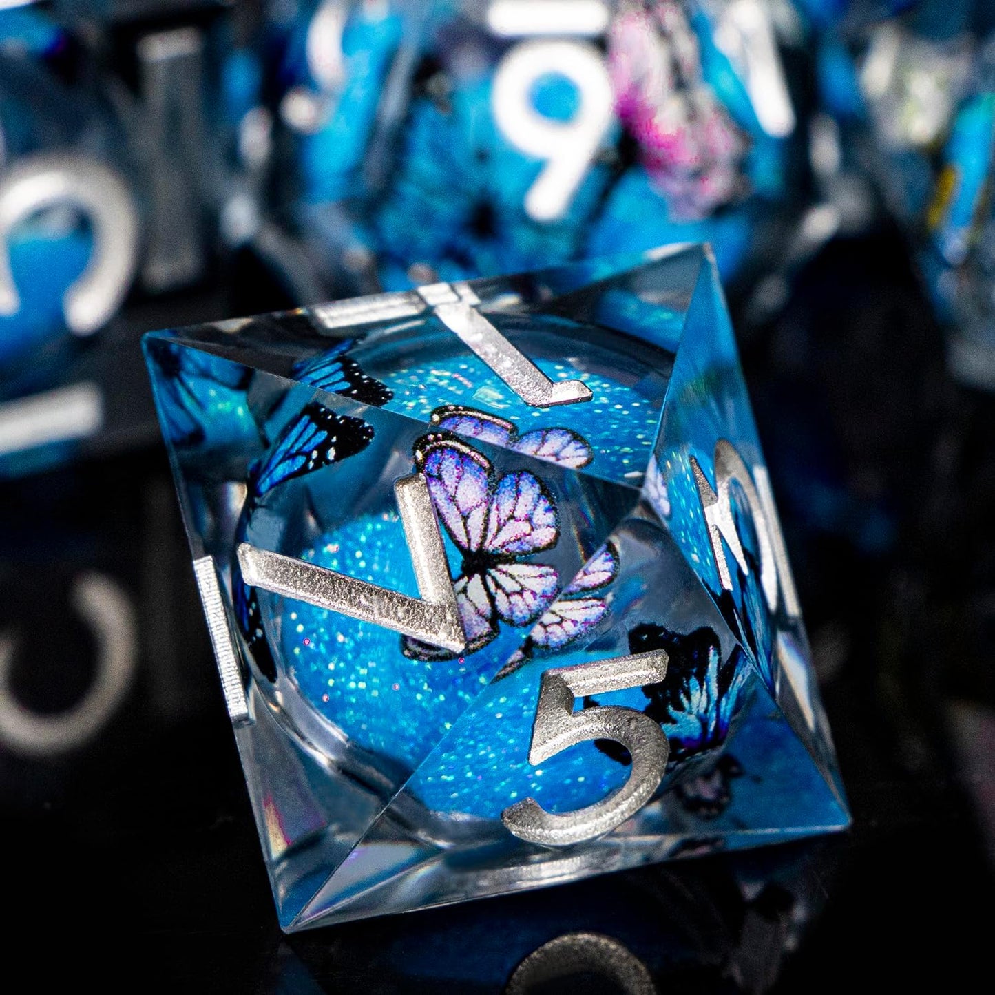 Butterfly DND Dice Blue-Black Liquid Core Dice Set with Metal Box, Handmade Sharp Edge D and D Polyhedral Dice for use with D&D Role Playing Game, D20 D12 D10 D8 D6