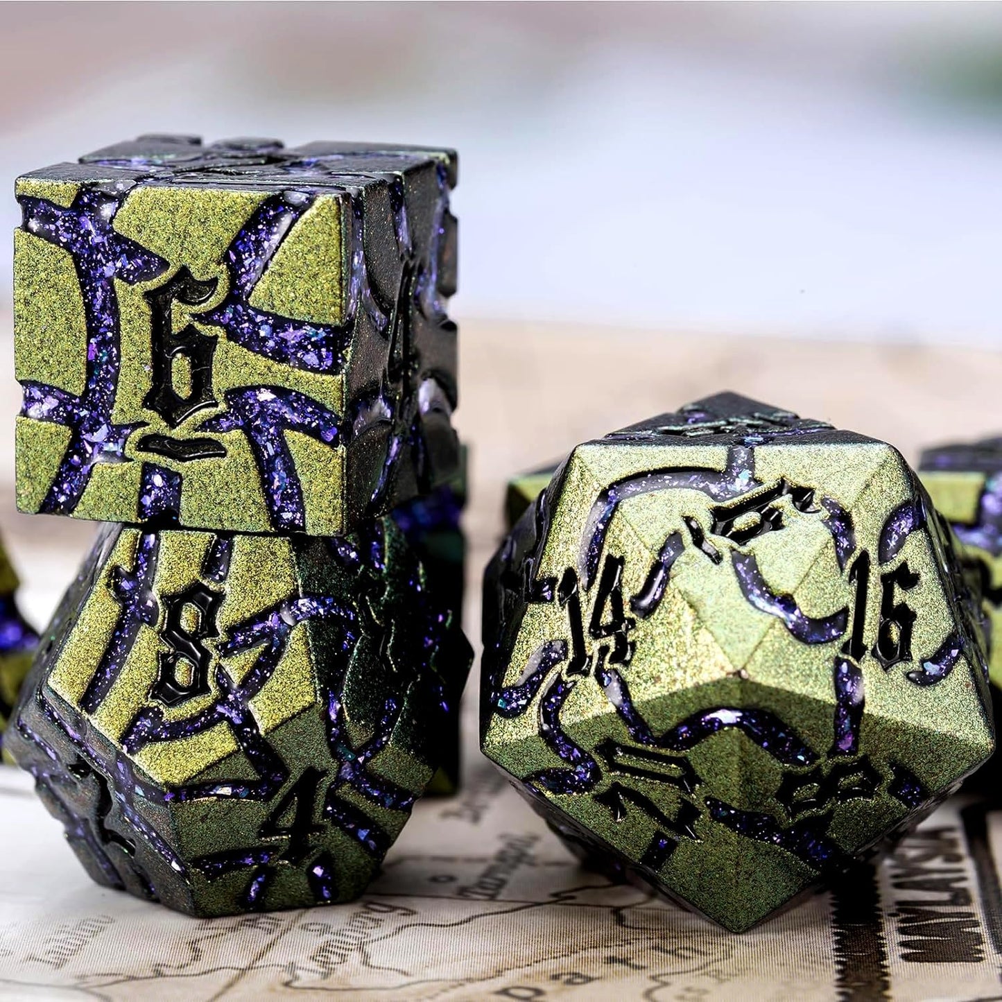 Dice Set D&D Metal,DND Metallic Glitter Crack Dice with Gift Box for RPG Board Games (Greenish Yellow Color + Purple)