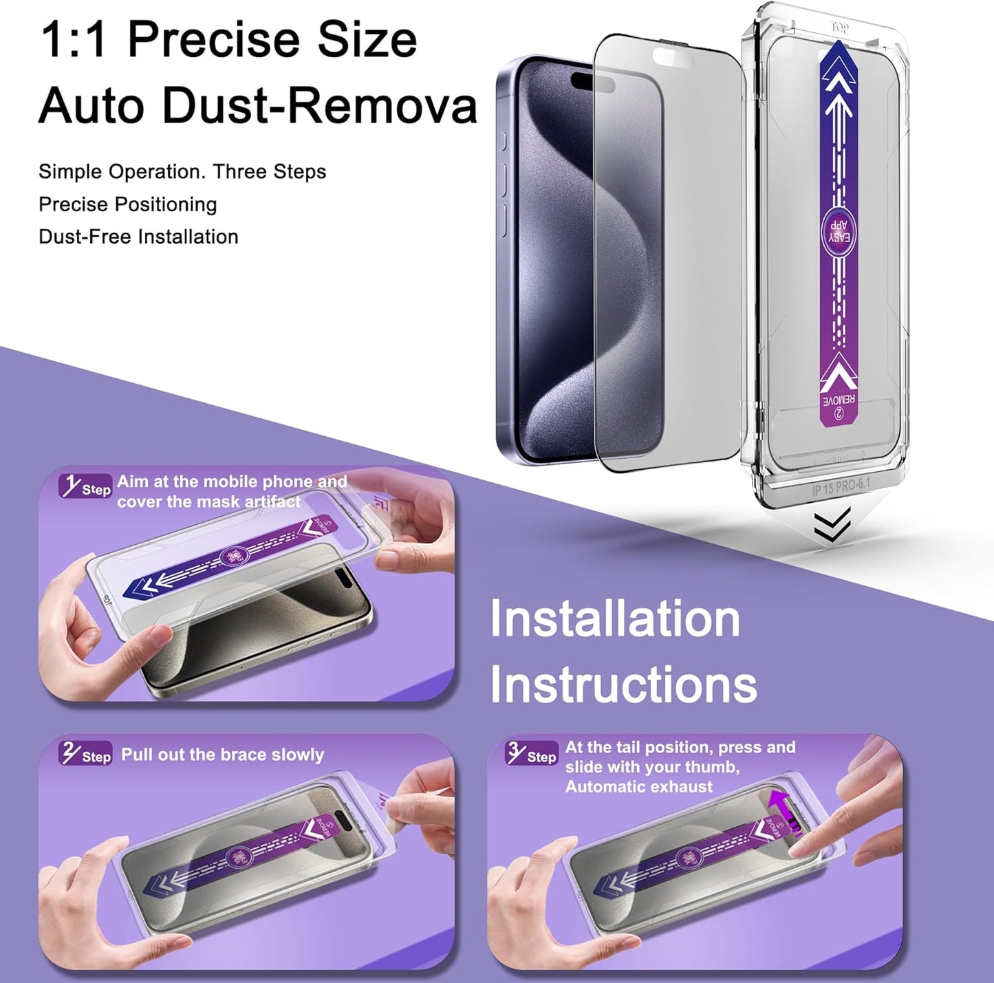 2 Pack Matte Screen Protector for iPhone 15 Pro, 9H Tempered Glass, Full Coverage, Anti-Fingerprint, Auto Dust-Elimination, No Bubble, Easy Installation