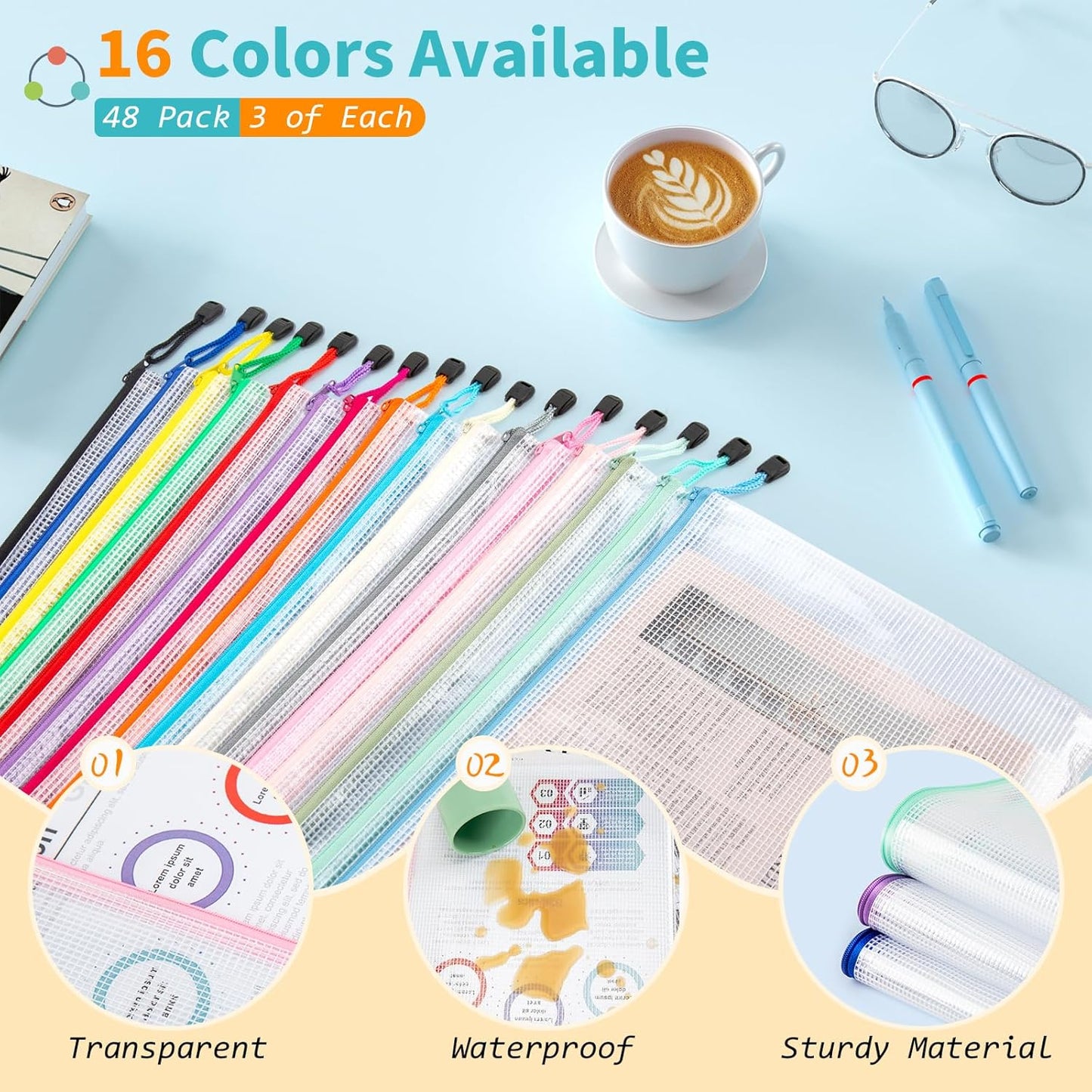 Umriox 48pcs Mesh Zipper Pouch Bags, A4 Size 16 Color Zipper Bags for Organizing, Clear Zipper Pouches for Puzzles, Board Game Organizer, Sewing Projects