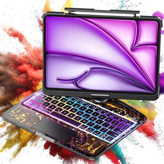 SIEBITU Clear Wireless Keyboard Case for iPad Air 13-inch (M3 2025/M2 2024) & iPad Pro 12.9-inch 6th 5th 4th 3rd Gen with Pencil Holder, Multi-Touch Trackpad & 7-Color Backlit, 360°Rotating, Black