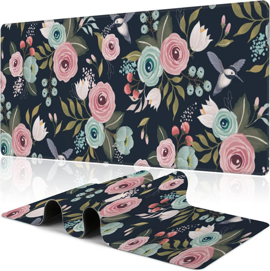 Colorful Flowers and Birds Desk Mat,Large Spring Floral Bird Gaming Keyboard Mouse Pad,Non-Slip Rubber Base Desk Pad Thick Stitched Edges Waterproof Mousepad Mouse Mat 31.5"x11.8"