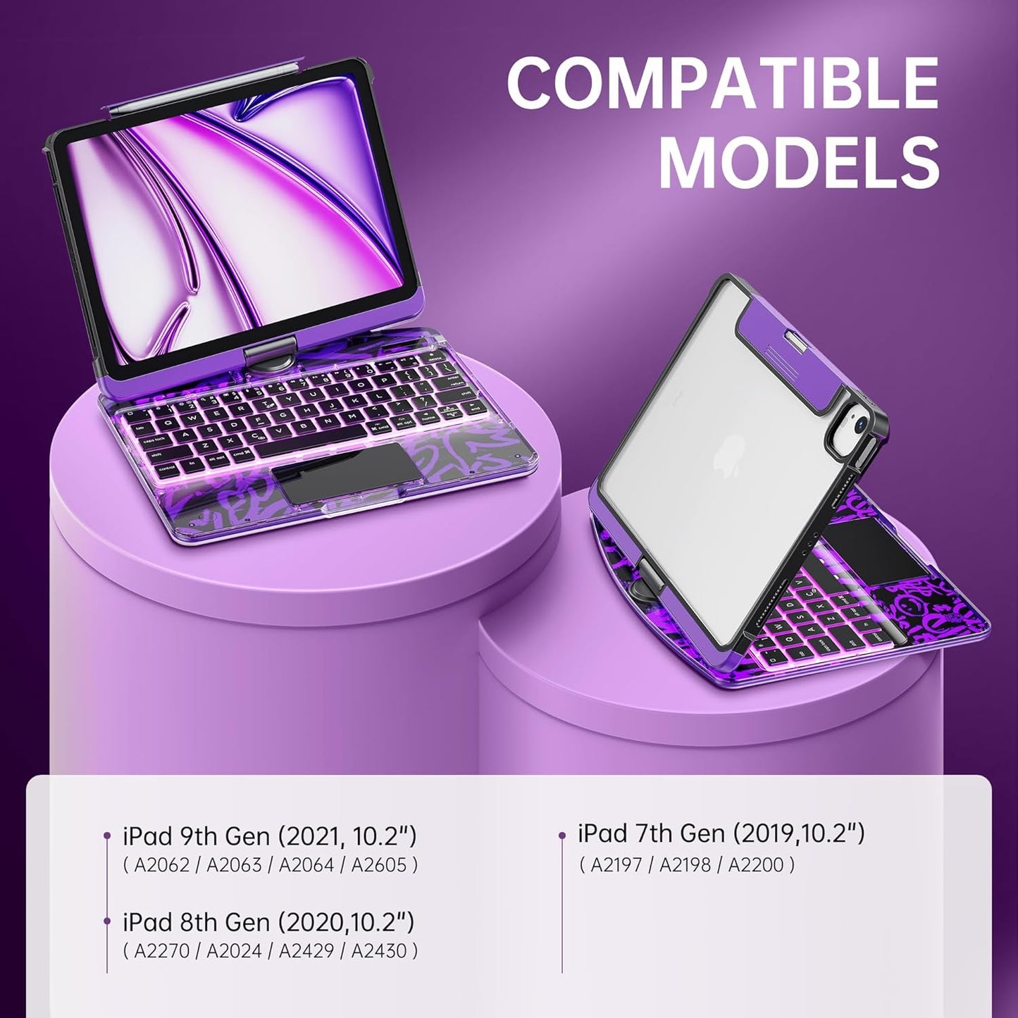 GUSGU Transparent Case with Wireless Keyboard for iPad 10.2-in (7th, 8th, and 9th Gen), 7 Colors Backlight, Trackpad, 360°Rotating Stand, Tech Style