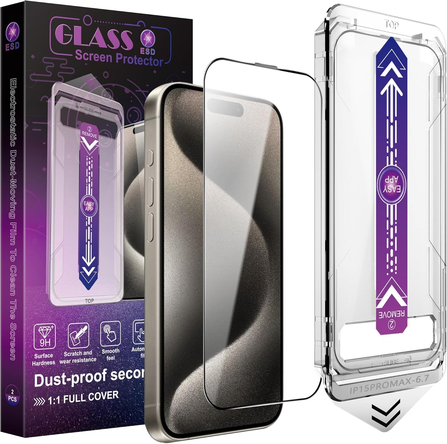 2 Pack Screen Protector for iPhone 15 Pro Max, 9H Tempered Glass, Full Coverage, Anti-Fingerprint, Auto Dust-Elimination, No Bubble, Easy Installation