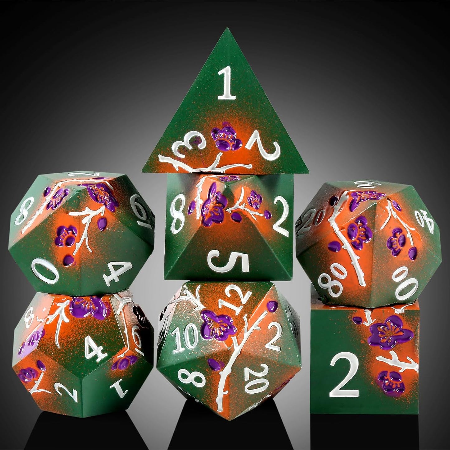 DNDND Metal Dice, 7 PCS Metallic Flowers D&D Dice with Gorgeous Gift Case for DND Dungeons and Dragon Tabletop Game (Army Green and Orange)