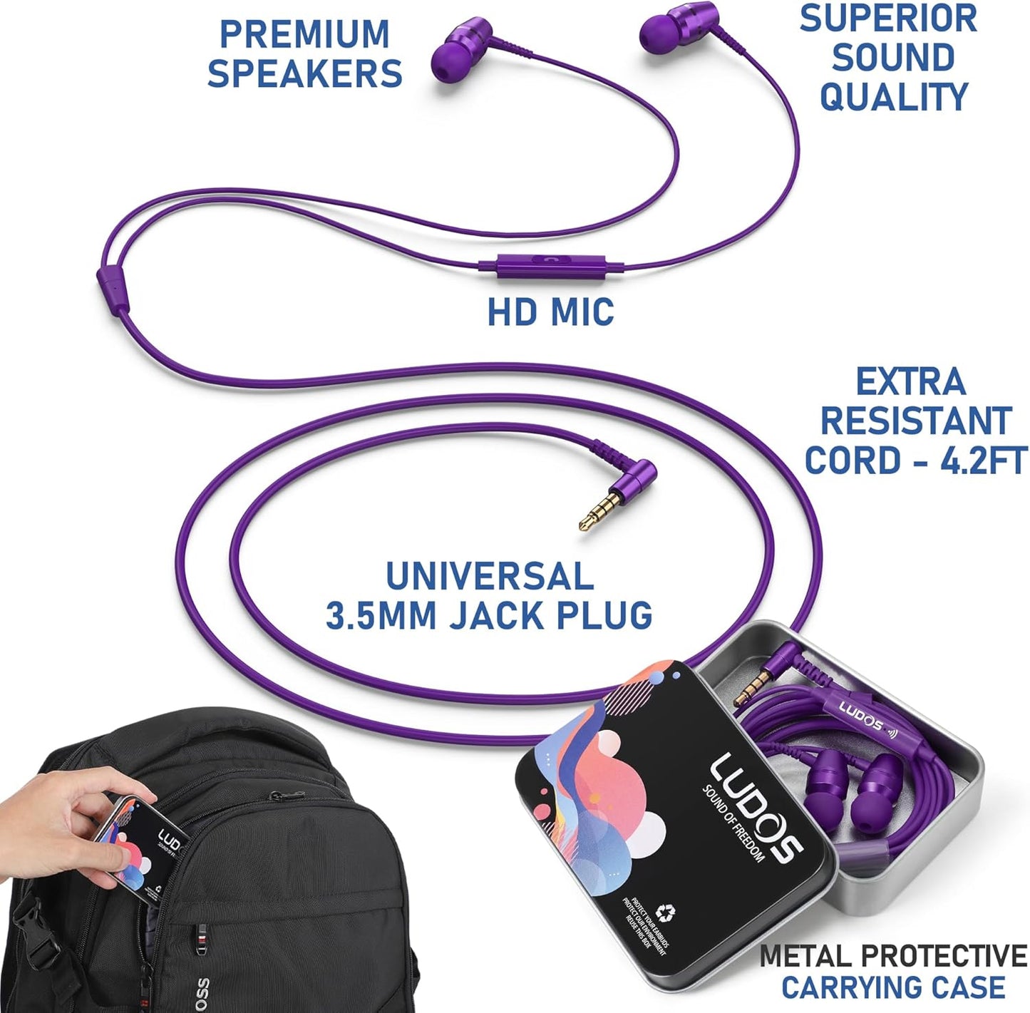 LUDOS OMNITONE Wired Earbuds in-Ear Headphones, 5 Years Warranty, Earphones with Microphone, 3.5 mm Jack Corded Ear Buds, Videoconference for iPhone, Samsung, Laptop, Kids, School Students - Purple