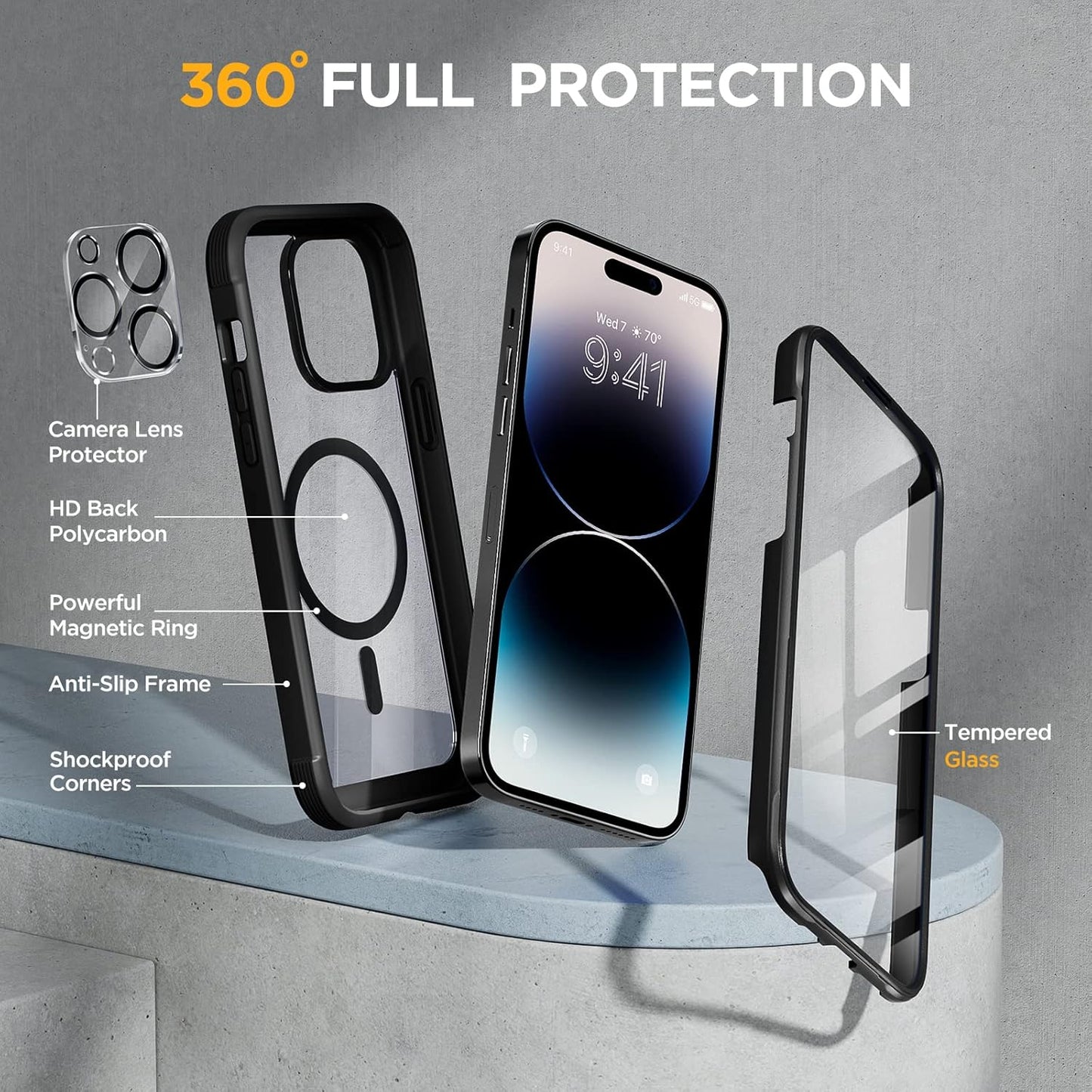 Miracase Glass Series Designed for iPhone 14 Pro Max Case 6.7 Inch, Upgrade Full-Body Magnetic Case with Built-in 9H Tempered Glass Screen Protector, with Camera Lens Protector, Magnetic Black