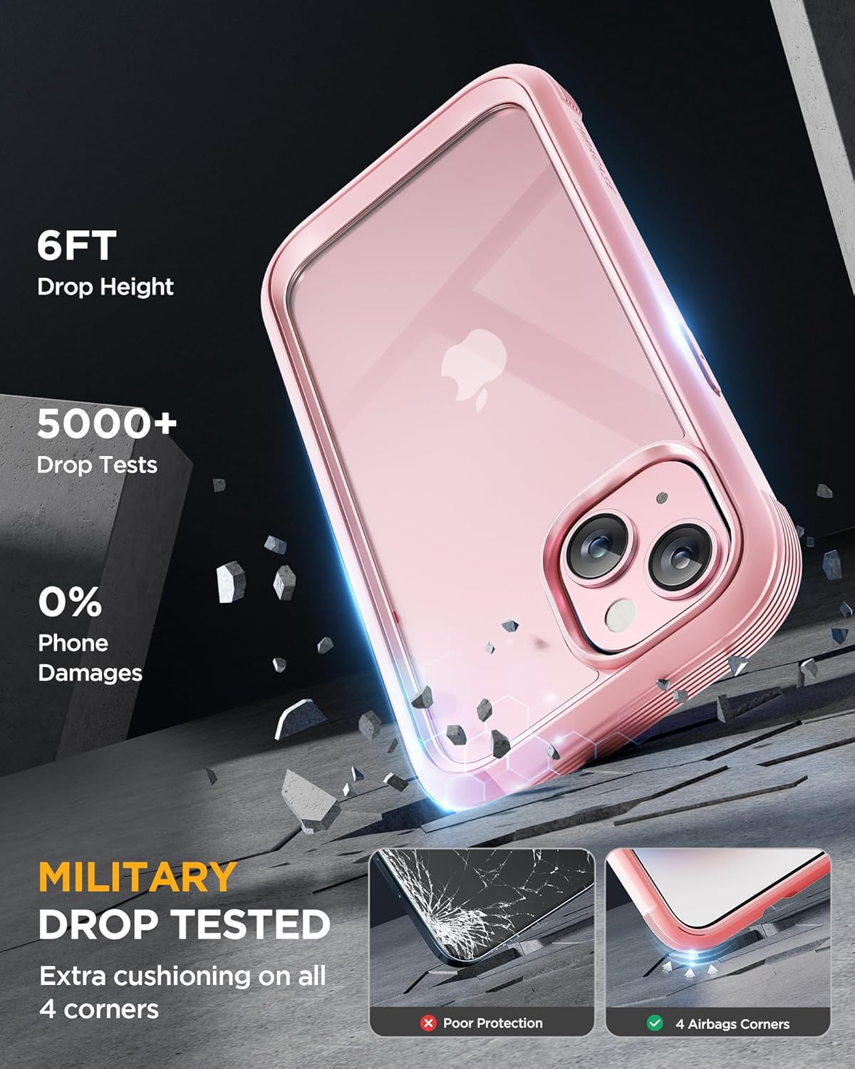 Miracase Glass Series Designed for iPhone 15 Plus Case 6.7',Full-Body Military Drop Proof 15 Plus Phone Case Cover with Built-in 9H Tempered Glass Screen Protector,Pink