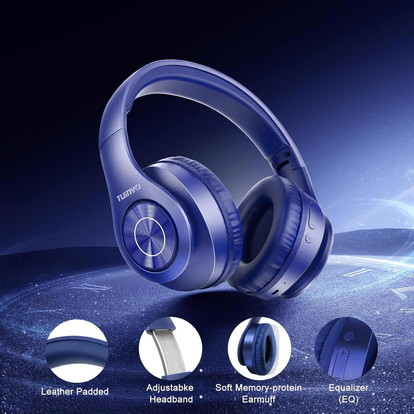 TUINYO Bluetooth Headphones Wireless, Over Ear Stereo Wireless Headset 40H Playtime with deep bass, Soft Memory-Protein Earmuffs, Built-in Mic Wired Mode PC/Cell Phones/TV-Dark Blue