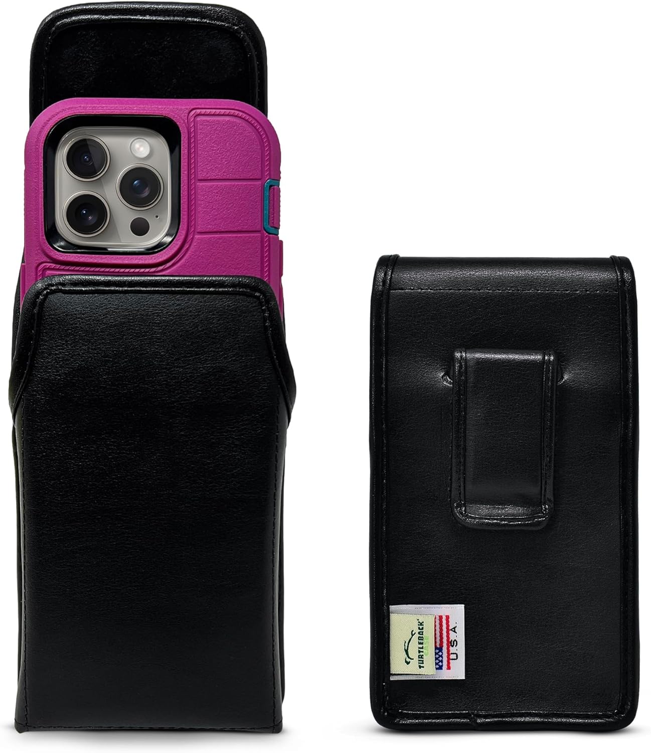 Turtleback Belt Holder for iPhone 16 Pro, 16e, 15 pro 14 Pro 13 Pro -Large- Fits w/Defender Bulky Style Cases, Premium Black Leather Vertical Holster, Magnetic Closure Leather Wrapped Belt Clip