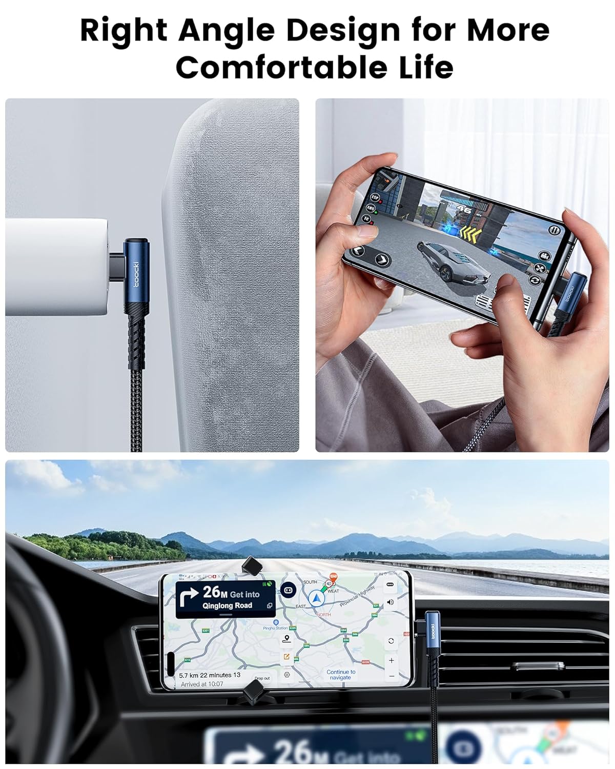 USB C Cable Right Angle, 2-Pack 1.6ft USB A to USB C Charger Cable 90 Degree Braided Fast Charging Cord for iPhone 15/15 Plus/15 Pro/15 Pro Max/Samsung Galaxy S10 S10+, LG V30, Switch