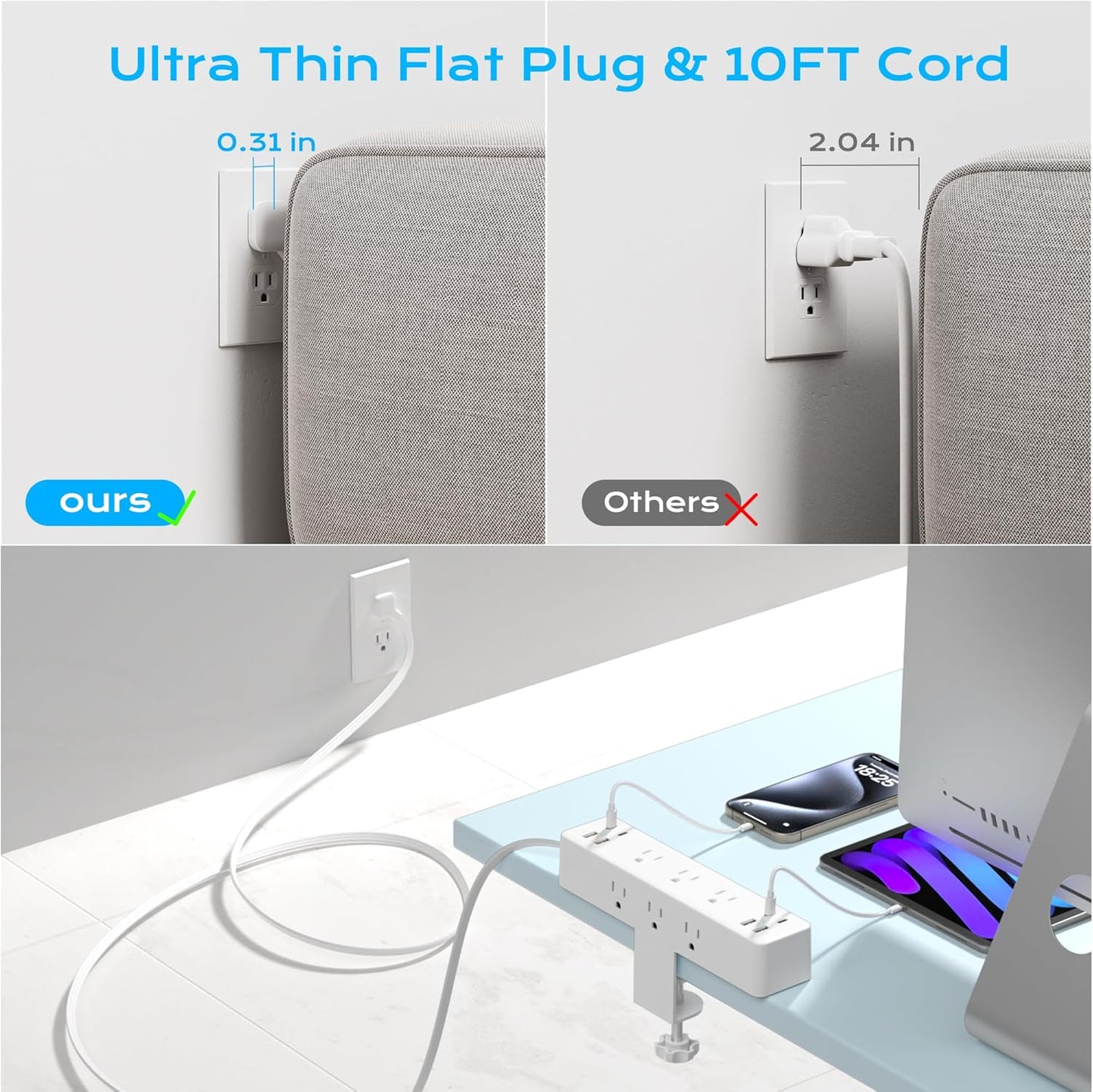 Flat Plug Desk Clamp Power Strip 10FT, 40W Total Fast Charging Station, 2 PD20W USB C Ports, Desk Edge Mount Power Strip 9 AC Outlets 8 USB Ports Surge Protector, Fit 1.7" Tabletop Edge, White