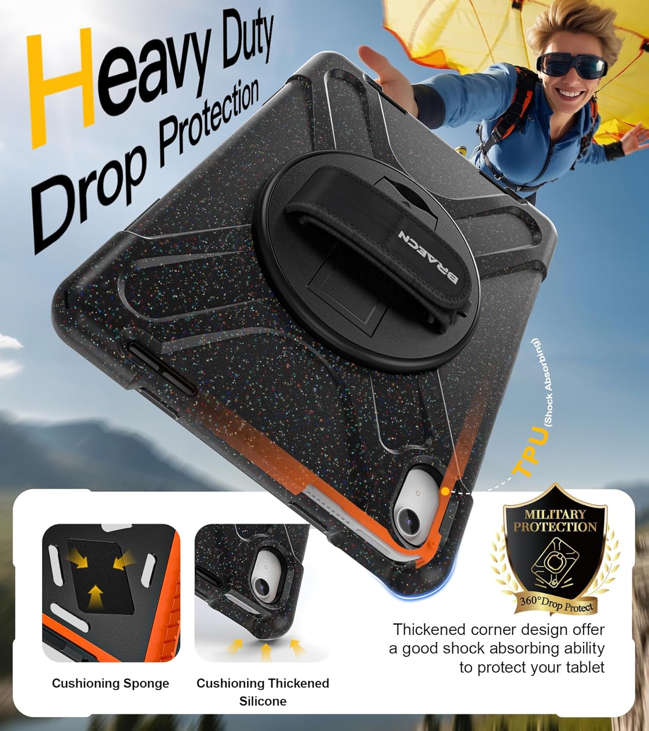 BRAECN for iPad (A16) 11th/10th Generation case 11/10.9 inch 2025/2022 Heavy Duty Shockproof Protective with Pencil Holder Screen Protector 360°Rotating Stand Handle & Shoulder Strap Full Body Cover