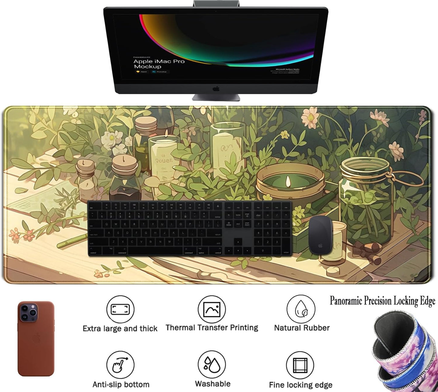 Green Gardener Desk Mat Anime Forest XL Gaming Mouse Pad Plant Lover Desk Pad with Stitched Edges, Women Desktop Decor Mousepad Laptop Computer Keyboard and Mouse Mat Desk Accessories 31.5x11.8 in