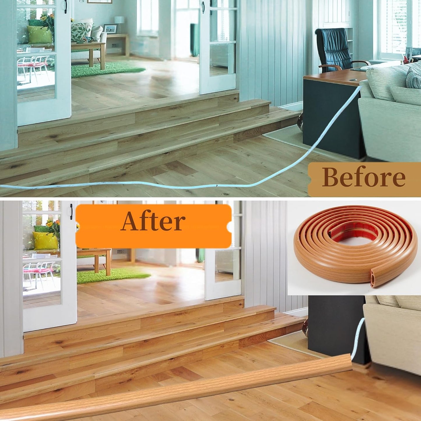 3.3ft Self Adhesive Floor Cord Cover,Heavy Duty Soft PVC Cable Protector and Extension Cord Hider,Cord Management System to Hide Wires on Floor,Cable Cavity:0.61"(W) x 0.32"(H) Yellow Wood