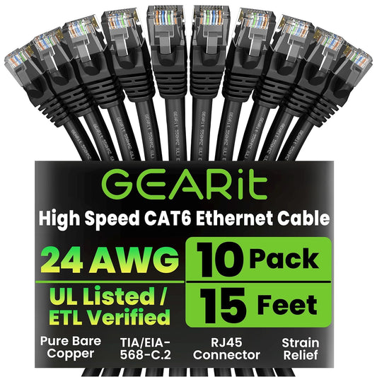 GEARit Cat 6 Ethernet Cable Pack - 10-Pack 15 ft Cat6 Ethernet Patch Cables | RJ45 Network Patch Cable, 10 Gbps Snagless Gold-Plated Connectors - Ethernet Cable Cat 6 for PC, TV, Router - Black