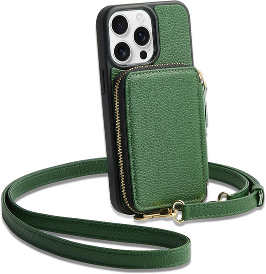 ZVE for iPhone 15 Pro Max Crossbody Wallet Case, Card Holder Phone Purse for Women, Zipper RFID Blocking Leather Cover with Wrist Strap for iPhone 15 Pro Max (6.7 inch)- Dark Green