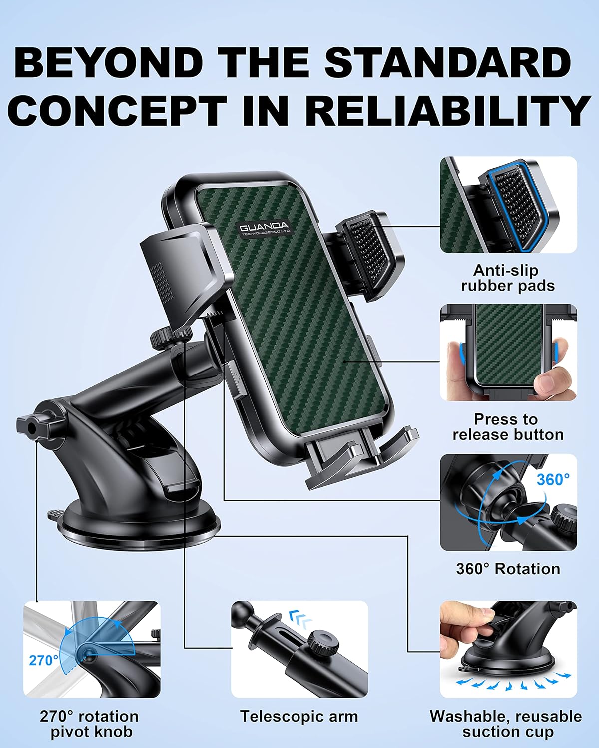 Suction Cup Car Phone Mount for Windshield/Dashboard, Hand Free Mobile Phone Holder for Car, Universal Cell Phone Holder Stand for iPhone 15 14 13 12 Pro Max Samsung Android 【Thick Case Friendly】