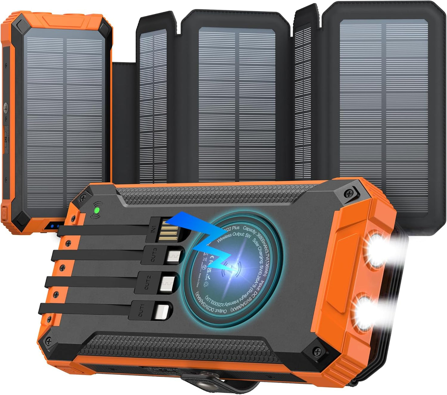 GOODaaa Power Bank Wireless Charger 36800mAh Solar Charger with Five Solar Panels Built-in Four Cable Five Outputs Portable Power Bank for Cell Phone with Dual Flashlights, Carabiner