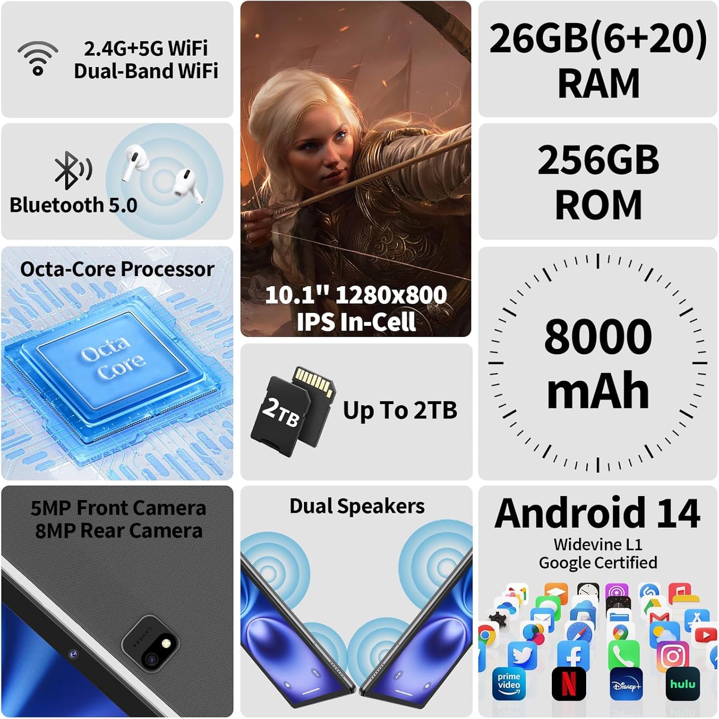 2025 Tablet, Android 14 Tablets 10 inch with Keyboard, 26GB RAM+256GB ROM(2TB Expand), 2-in-1 Tablets with 8-Core, 8000mAh, 5G WiFi, Widevine L1, GMS, with Case, Keyboard, Mouse, Stylus (Green)