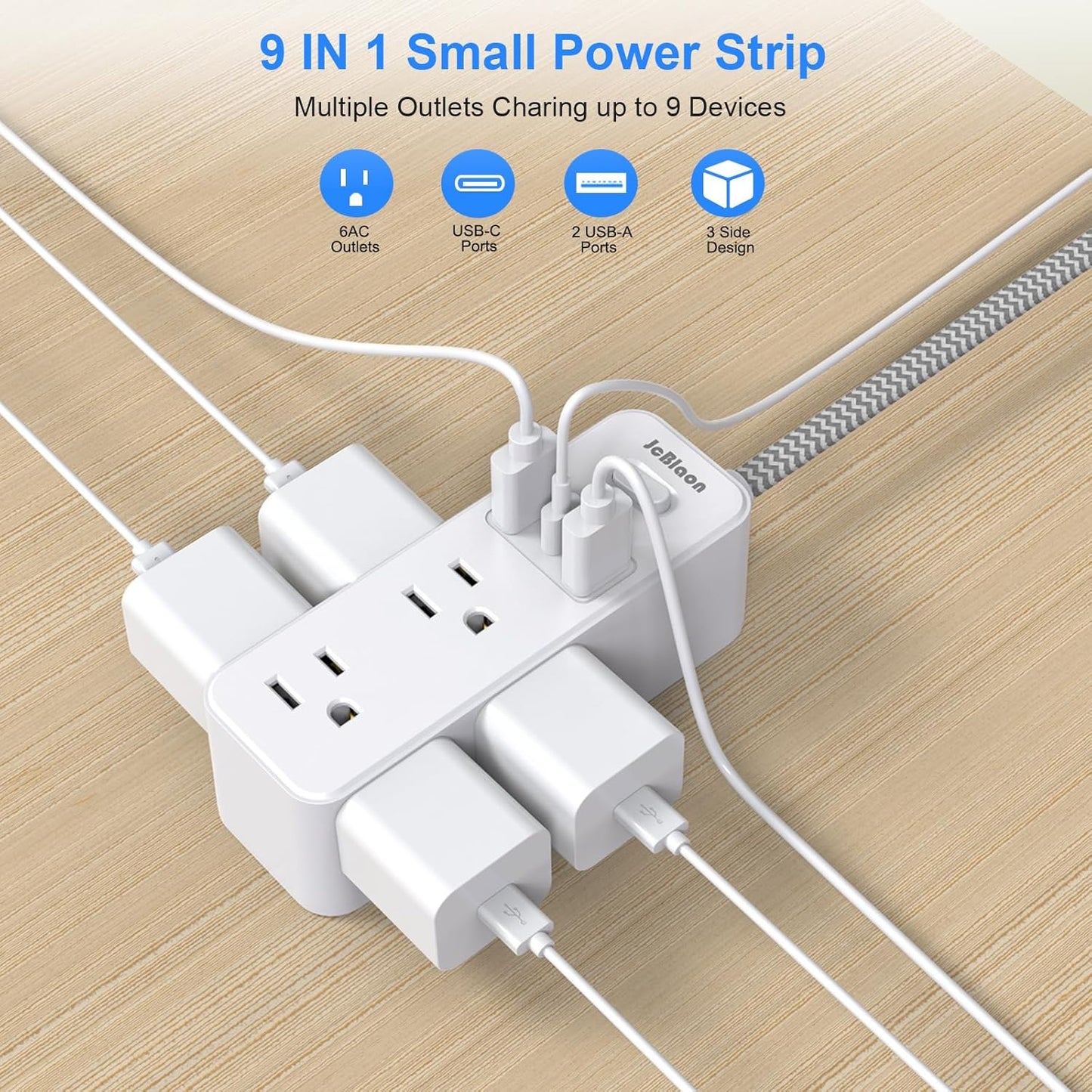 Extension Cord with Multiple outlets, 10 Ft Braided Power Cord, 6 Widely Outlets with 3 USB Ports (1 USB C), Ultra Thin Flat Plug, 3 Sided 1050J Power Strip Surge Protector for Home Travel Office