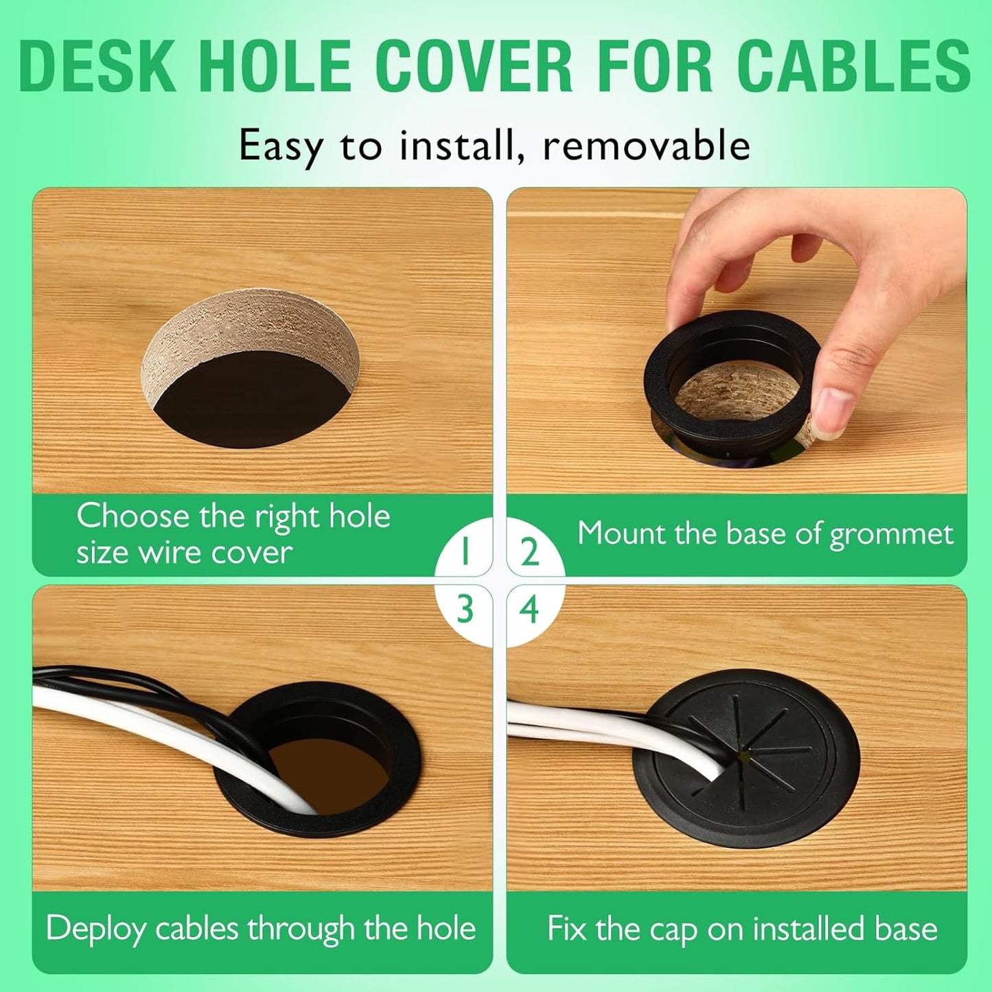 2 Pcs Desk Grommet 2" / 50 mm, Desk Hole Cover for Cables Black and White, Cable Grommet ABS Plastic, Desk Hole Grommet for Home & Office Pc, Detachable Cable Cord Organizer