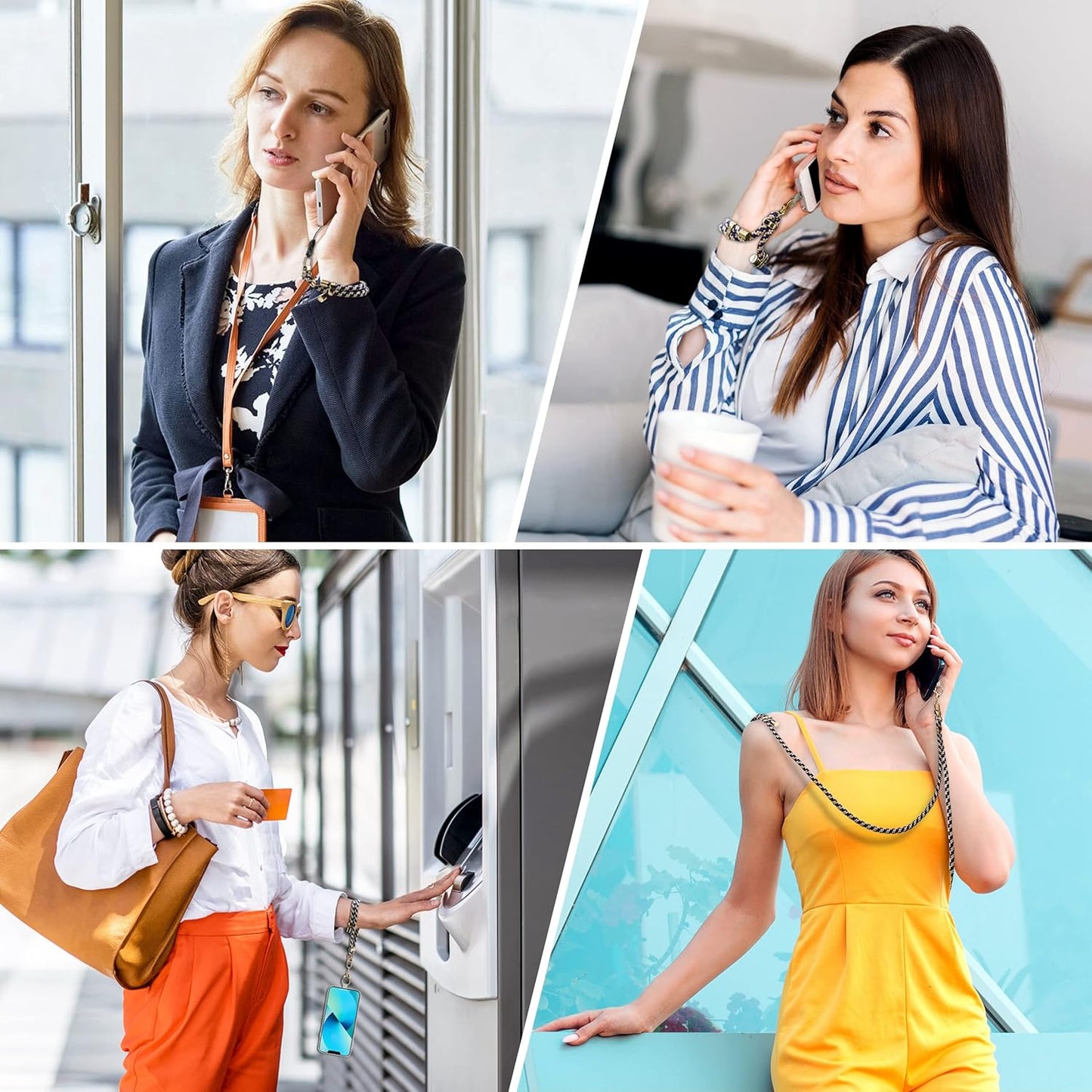 Universal Phone Lanyard with Wrist Strap, Adjustable Crossbody Cell Phone Lanyard Neck Strap and Wristlet Strap with 2 Lobster Clips, Phone Tether Patches and Phone Straps (Beige/Navy Blue, 2 Pack)