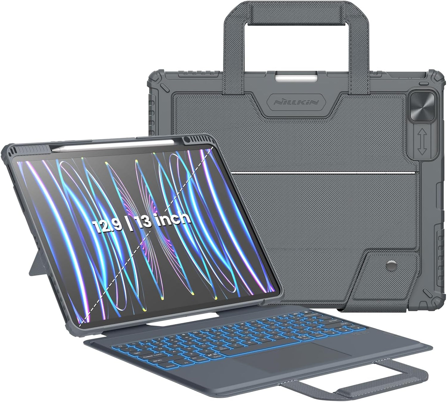 Nillkin Carry Go Backlit Keyboard Case for iPad Air 13 inch M2 M3 with Handle, Grey for iPad Pro 12.9 (3rd/4th/5th/6th Generation) Detachable Keyboard with Trackpad,Kickstand,Great Typing,Function Row