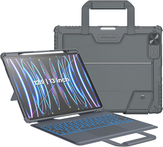 Nillkin Carry Go Backlit Keyboard Case for iPad Air 13 inch M2 M3 with Handle, Grey for iPad Pro 12.9 (3rd/4th/5th/6th Generation) Detachable Keyboard with Trackpad,Kickstand,Great Typing,Function Row