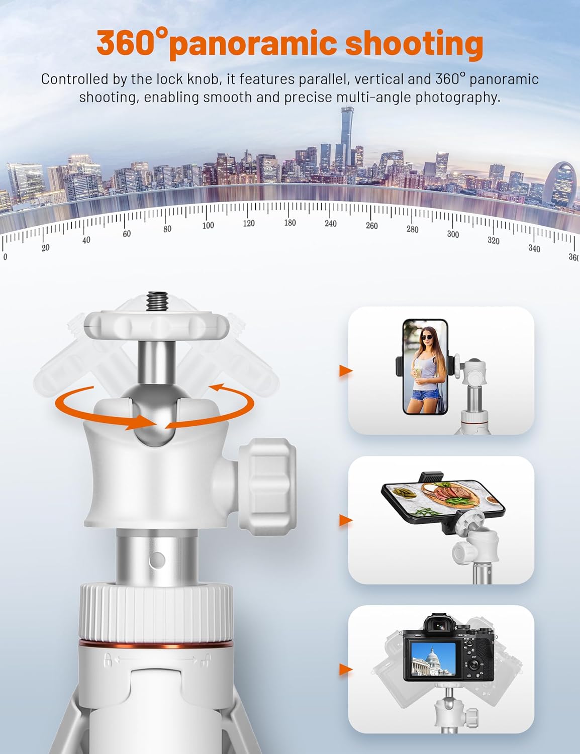 JOILCAN Tripod for iPhone & Camera, 64" Selfie Stick with 360° Ball Head Remote & Phone Holder, Extendable Portable Phone Tripod Stand for Travel Vlog Compatible with Canon Sony DLSR DJI (White)