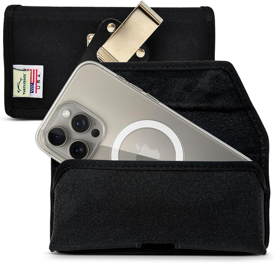 Turtleback Belt Clip for iPhone 16 Pro, 16e, 15 pro 14 Pro 13 Pro -Small- Fits w/Slim MagSafe Style Cases - Premium Black Nylon, Horizontal Belt Holder, Magnetic Closure, HD Rotating Belt Clip