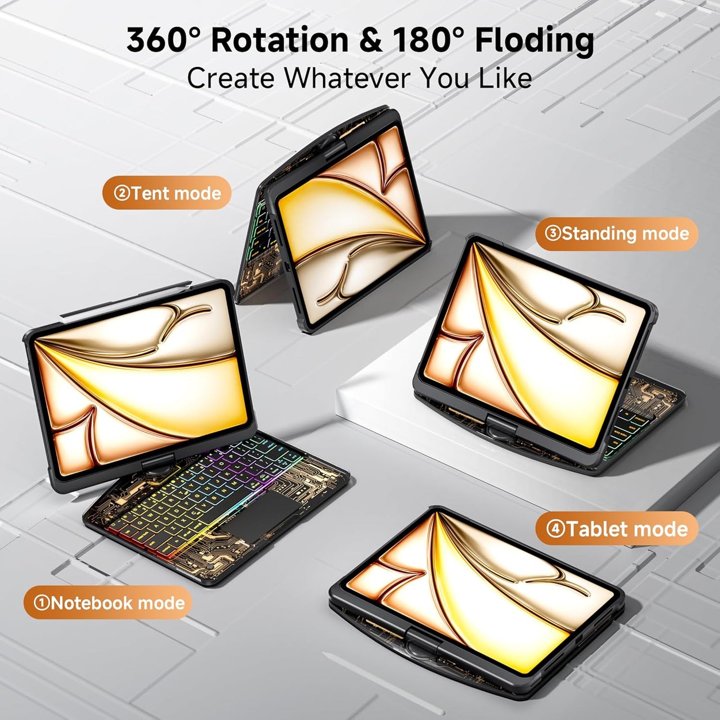 iPad Keyboard Case for 2024 M4 iPad Pro 11 inch, Magic Wireless Keyboard with Trackpad 7 Color Backlit, 360° Rotating Stand Transparent Protective Cover with Pencil Holder (Black)