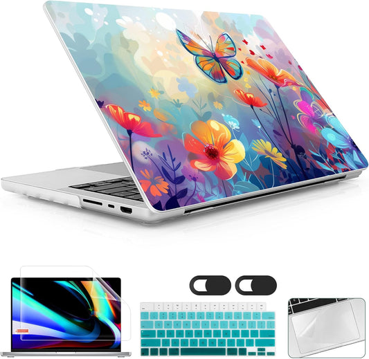 for MacBook Pro 16 inch Case 2021 2022 2023 2024 Release A3186 A3403 M4 A2991 M3 A2780 M2 A2485 M1 Pro/Max, Hard Shell Case with Screen Protector & Keyboard Cover, Flowers & Butterflies
