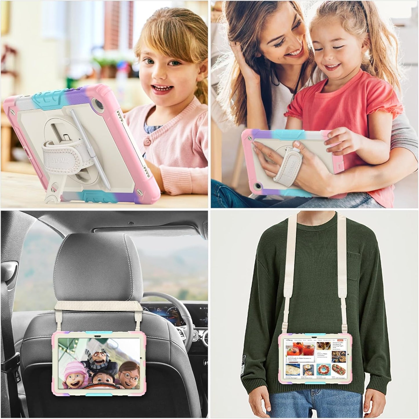 SEYMAC stock Case for Samsung Galaxy Tab A9+ Plus 11'', Full-Body Drop Protection Case with Screen Protector Pencil Holder [360° Rotating Hand Strap] &Stand, Yellowish+Pink