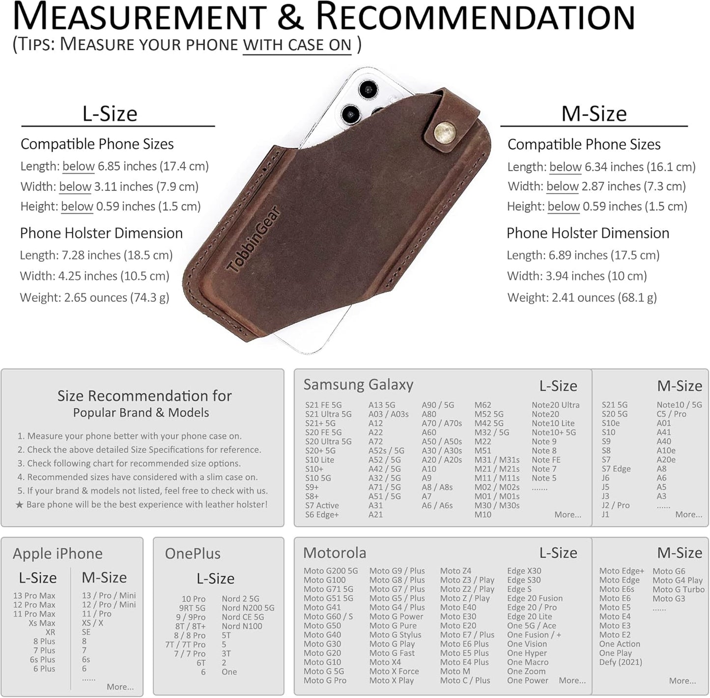 TobbinGear Leather Cell Phone Holster with Belt Clip, Universal Phone Holster for Men Belt Holder, Leather Case for iPhone, Samsung Galaxy Phones, Dark Brown, Large