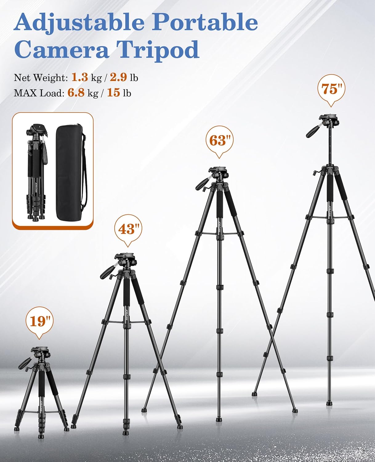 JOILCAN 75" Camera Tripod, Tripod for Camera Cell Phone, Aluminum Heavy Duty Tripods Stand, Tall Travel Tripods with Carry Bag Compatible with iPhone Canon Nikon DSLR Camera Laser Projector