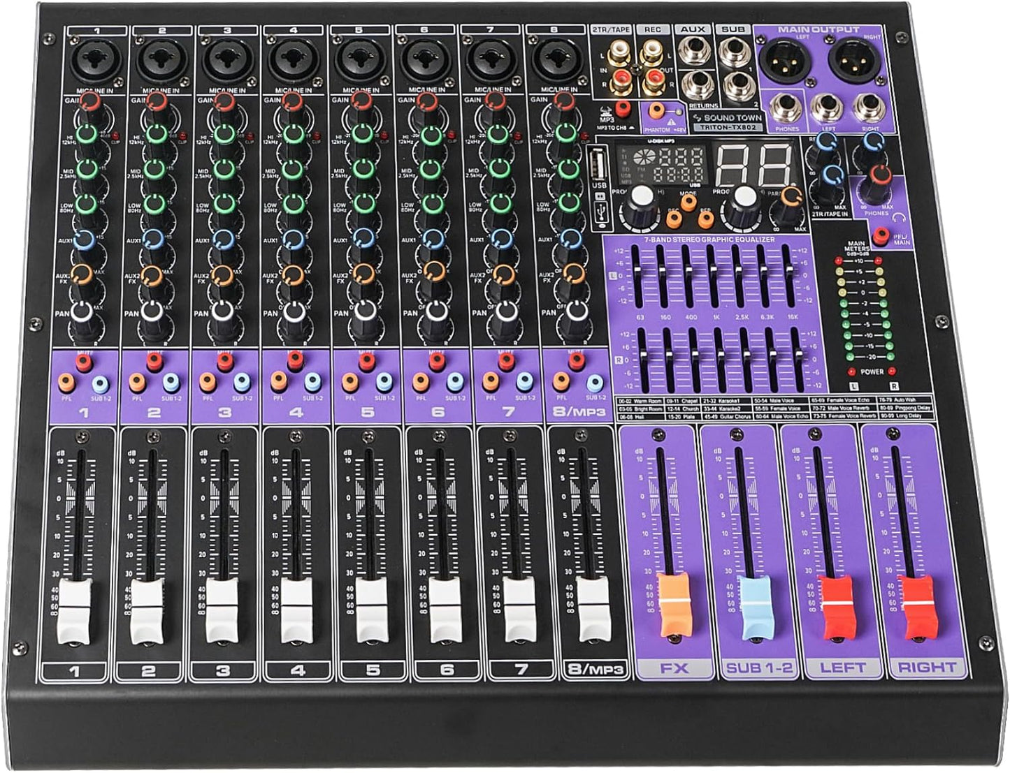 Sound Town 8-Channel Professional Audio Mixer with 99 DSP, USB MP3 Bluetooth, Dual 7-band EQ, 48V Phantom Power & Mute, Recording (TRITON-TX802)