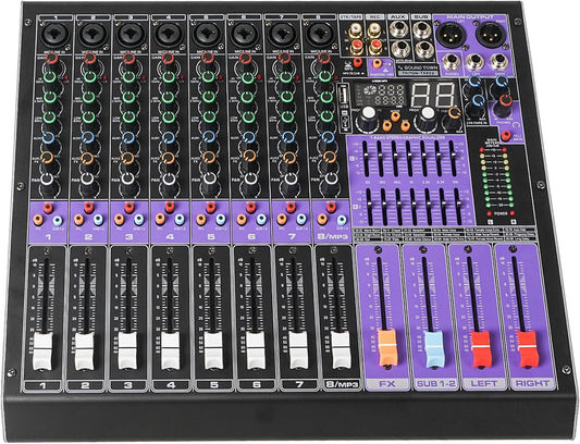Sound Town 8-Channel Professional Audio Mixer with 99 DSP, USB MP3 Bluetooth, Dual 7-band EQ, 48V Phantom Power & Mute, Recording (TRITON-TX802)
