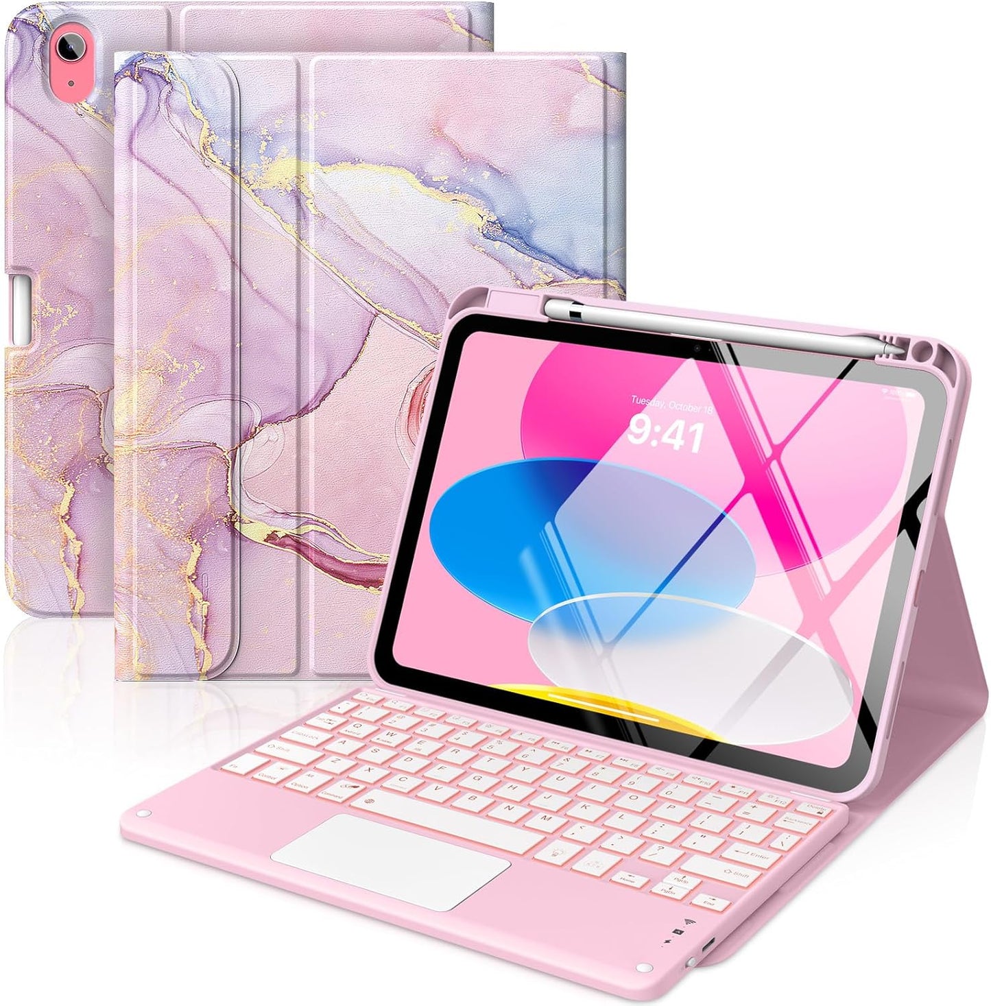 MoKo Touch Keyboard Case for iPad (A16) 11th Generation 11 inch 2025, iPad 10th Generation 10.9 inch Case with Pencil Holder, 7 Colors Backlit Multi-TrackPad Detachable Bluetooth Keyboard, Pink Marble