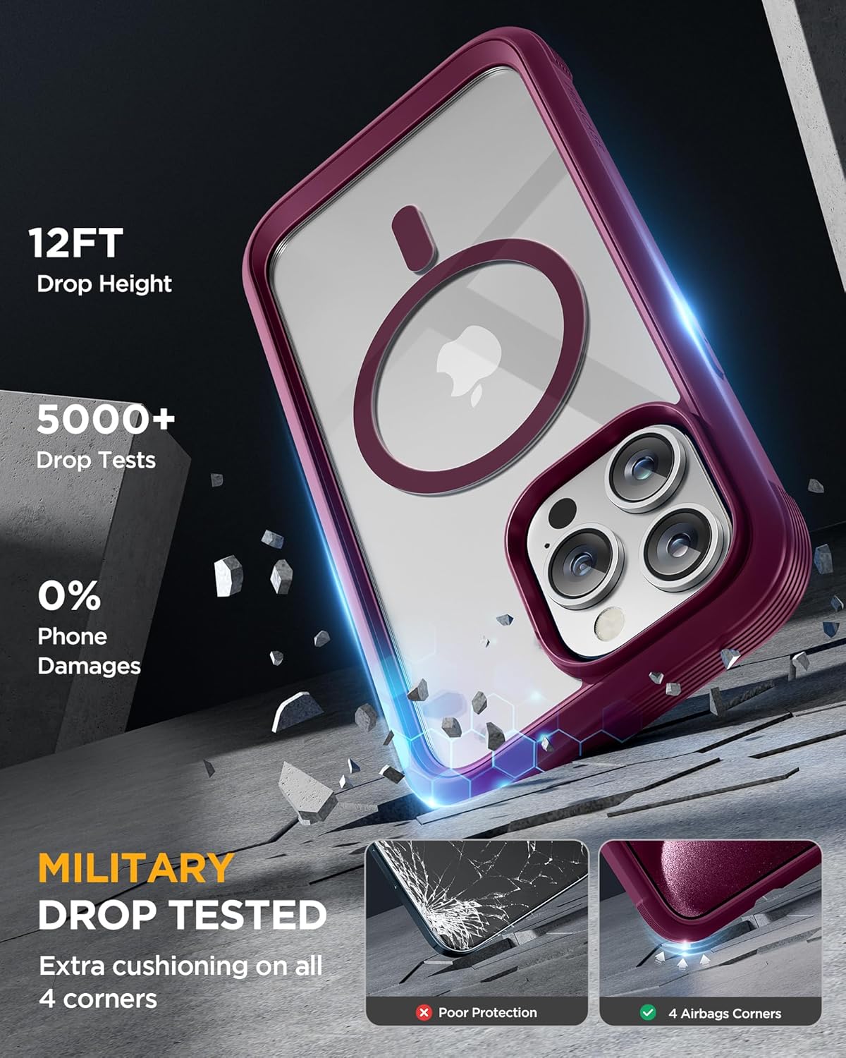 Miracase Magnetic for iPhone 12 Pro Max Case [Compatible with MagSafe] Full-Body Phone case with Built-in Glass Screen Protector& Camera Protector, Military Drop Proof 12 Pro Max Cover, Wine Red