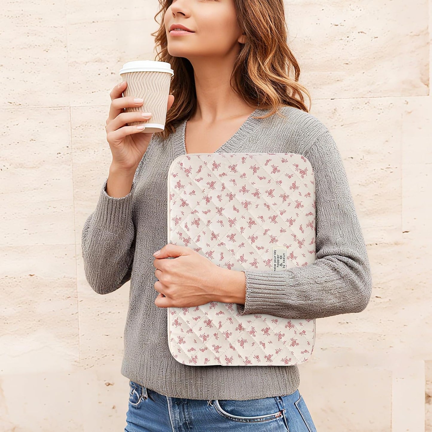 Puffy Laptop Sleeve 13-15.6 Inch Cute Quilted Laptop Protective Case Padded Floral Computer Sleeve for MacBook (A-Pink, 15 Inch)