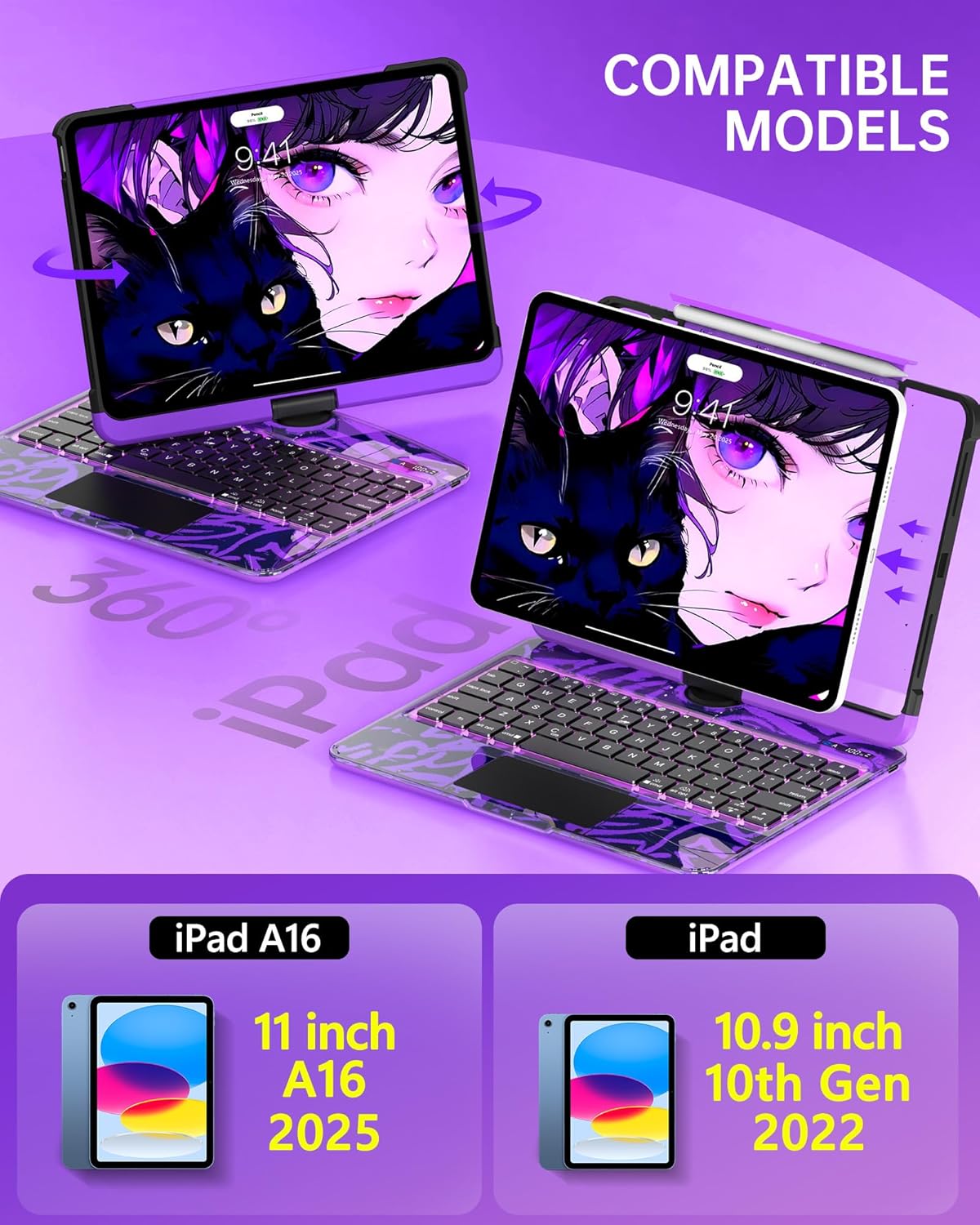 Intermerge Clear iPad A16 11th (2025) & 10th Generation 10.9" Case with Keyboard, 360° Transparent Multi-Touch Trackpad, 7-Color RGB Keyboard, Pencil Holder, Type-C, Power Indicator, Neon Pulse
