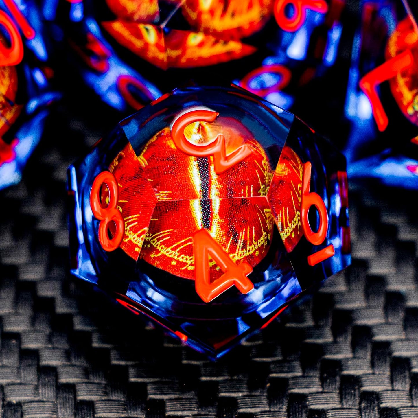 ARUOHHA DND Resin Dice Gazes Eye Dice Blue Red Liquid Core Flaming RPG Sharp Edged Dice Set with Gift Box, Polyhedral D and D Dice Set Compatible with Dungeons Dragons Role Playing Game D20 D6